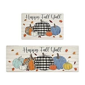 SHACOS Fall Anti Fatigue Kitchen Mats 2Pcs Kitchen Rugs Pumpkins Autumn Leaves Happy Fall Y’All Non Slip Cushioned Floor Mat for Kitchen Fall Home Decor, 17×27.5+17×47, Pumpkins