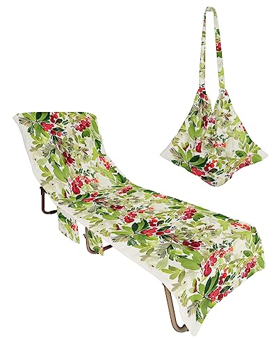 Christmas, Beach Lounge Chair Towel Cover, Soft Chaise Lounge Towel with Side Pockets Patio Pool Chairs Cover for Beach/Pool Sunbathing 29x85 Winter Farmhouse Pine Needles Leaves Red Cone Grain