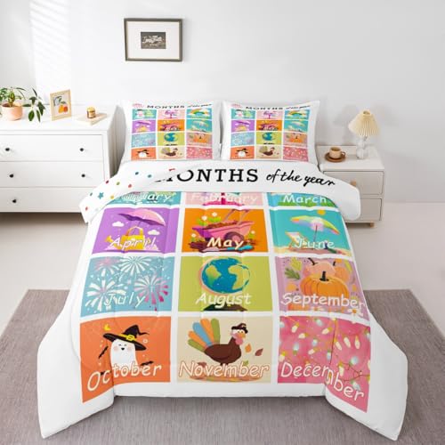 Image of Feelyou Kids Educational Duvet Insert Queen Size, Months Comforter Set Boys Girls Learning Bedding Set Kindergarten Teens Bedroom Decor Microfiber Bed Set