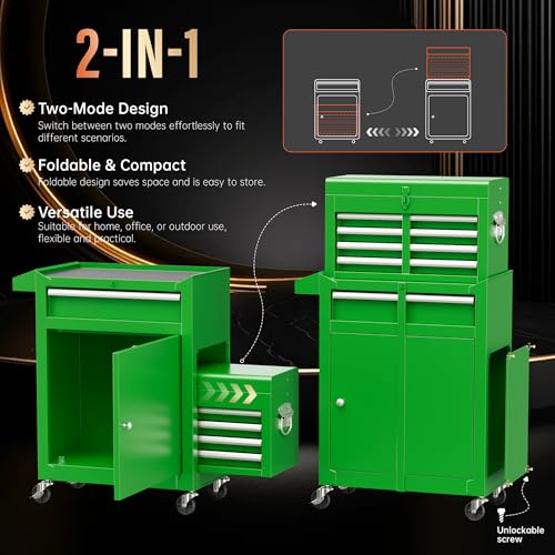 Pataku 5 Drawer Tool Chest with Wheels, 2-in-1 Detachable Rolling Tool Box with Drawers, Large Tool Cart on Lockable Wheels, Metal Tool Cabinet for Garage/Workshop(Green)