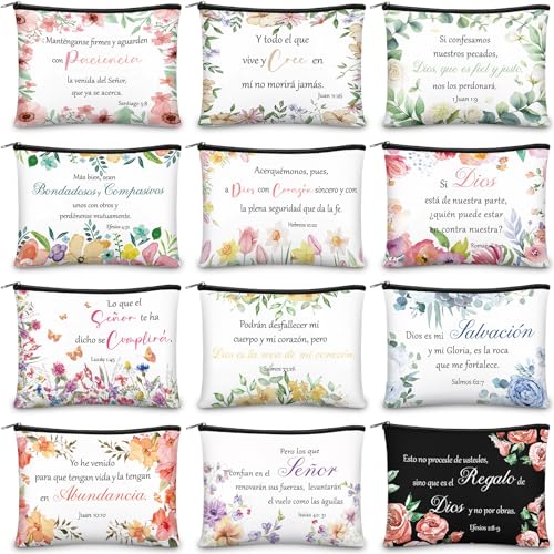 Kacctyen 12 Pcs Spanish Christian Gifts for Women, Makeup Bag Spanish Verses Church Inspirational Gift Cosmetic Bag Zipper Pouch for Mom Religious Prayer(Flower Style)