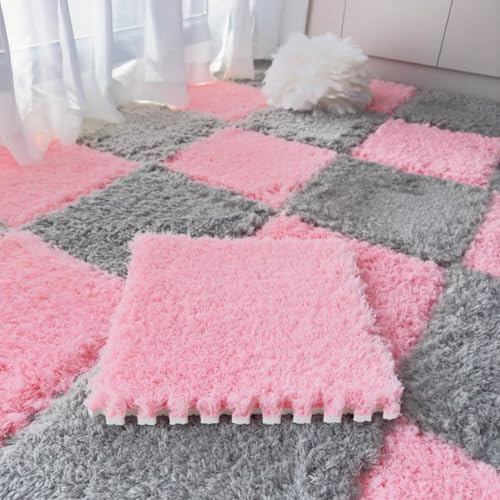 10 Pack Carpet Squares Puzzle Mat 30x30x1cm Plush Interlocking Carpet Tiles,Soft Fluffy Floor Protective Mat Shaggy Area Rug for Bedroom (Grey Pink)
