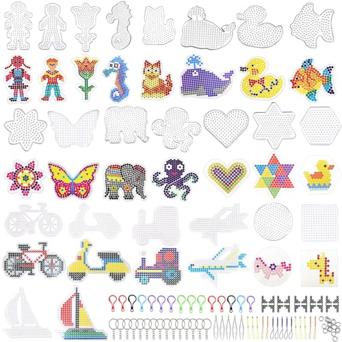22 Pieces 5mm Fuse Beads Pegboards Clear Animal Shape Plastic Pegboards Craft Tray with 22Colorful Cards,5Tweezers,30Keychains,15Hang Ropes,22Small Hoops and 12Holdersï¼Œfor Youngster DIY Craft Beads
