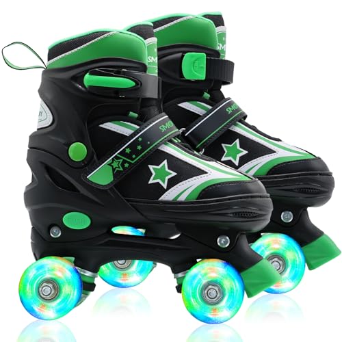SMOOJOY Roller Skates for Kids Boys and Girls with Light-Up Wheels | Adjustable Size Green Rollerskates Shoes for Youth and Women Ages 5-8