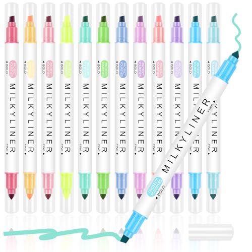 APXEL Subrayadores Fluorescentes, 12 Colores Resaltadores de Colores Pastel, Doble Punta Marcadores Fluorescentes, Subrayadores Pastel Colore Surtidos para Trazos Finos o Anchos (Colore Macarrón)