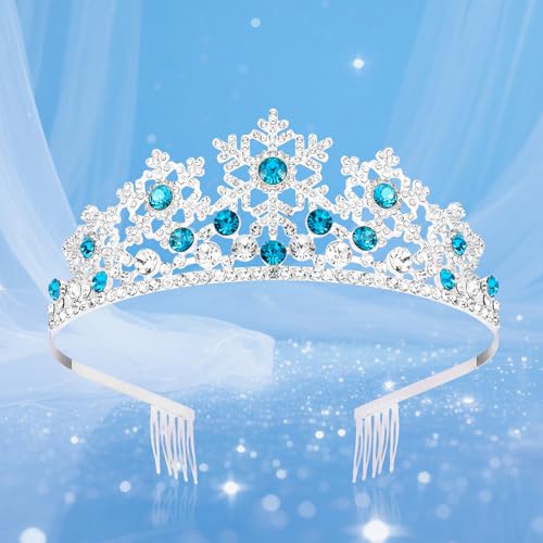 TOBATOBA Princess Tiara for Women Rhinestone Snowflakes Bridal Tiara Blue Wedding Headband Princess Costume Prom Birthday Halloween Accessories Gift