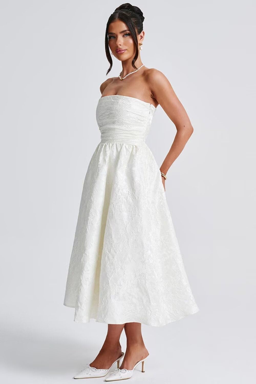 SoDigne Strapless Floral Jacquard Satin 2025 Midi Prom Dresses Tea Length A Line Evening Party Gown - Image 4