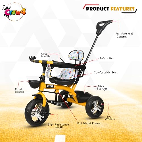 Image of Tricycle 1 Years to 5 Years with Removable Safety Guard and Parental Control Back Side Push Handle with Rubber Tyre for Kid's CR07 (Yellow 2)