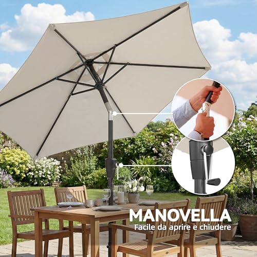 Outsunny Ombrellone Da Giardino Inclinabile 2X2 M Con Manovella, Ombrellone Da Esterno Rotondo A 6 Stecche, In Metallo E Poliestere, Per Cortile Balcone, Uv 30+, Grigio Chiaro - 6