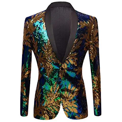 PYJTRL Men Green Blue Gold Leaves Pattern Sequins Blazer (Blue, 48) Cover