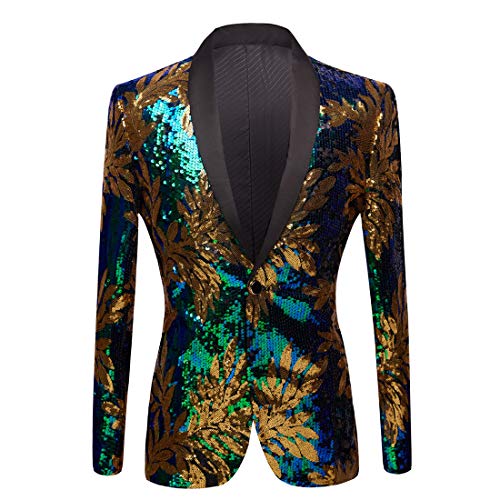 Men Green Blue Gold Leaves Pattern Sequins Blazer