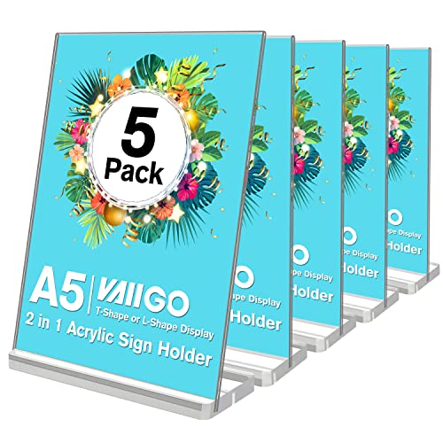VAIIGO A5 Acryl-Schildhalter, Poster-Menühalter, Flyer-Halter mit abgeschrägter Rückseite und aufrechter Funktion, transparenter Kunststoff-Schildhalter, Papier-Display-Tischständer für Büro, 5 Stück Cover