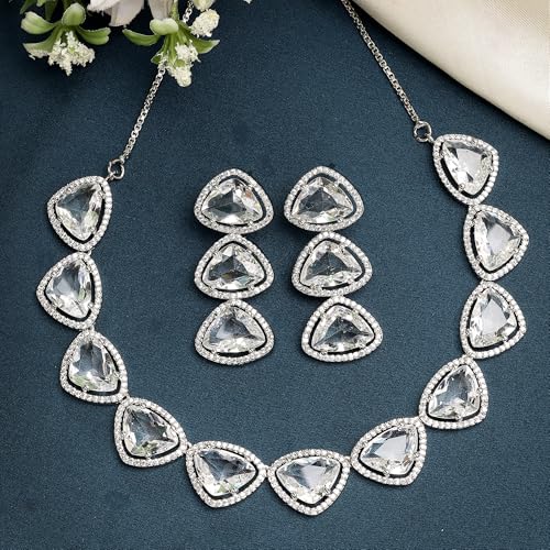 Image of ZENEME Rhodium Plated Silver Toned Triangular Shaped American Diamond Studded Jewellery Set For Women and Girl