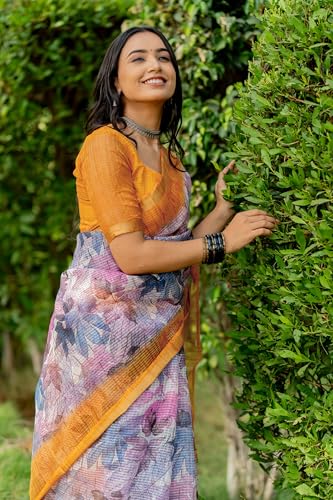Image of MIRCHI FASHION Kota Doria Cotton Saree with Blouse Piece | Leaf Floral Printed Saree for Women | Traditional Ethnic Daily Wear Summer Saree