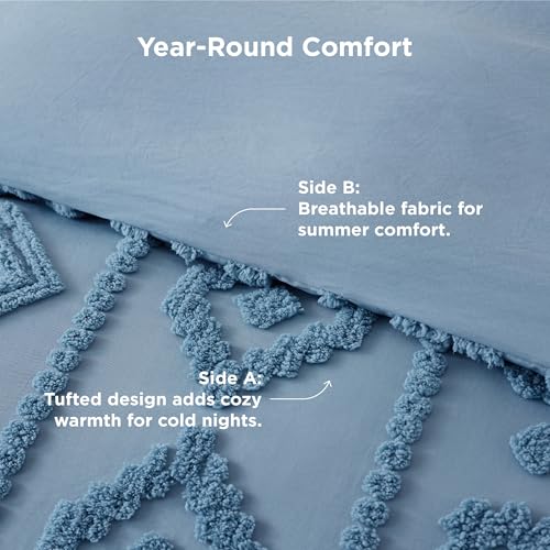 Image of Bedsure Boho Tufted Blue Comforter Set Queen Size, GentleSoft 3 Pieces Boho Farmhouse-Style Decor Bedding, Exquisite Bedding for All Seasons, 1 Bed Comforter, 2 Pillow Shams, 90x90 Inches