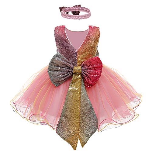Flower Girl Rainbow Sequin Bow V-Back Tutu Dress Kids Baby Christening Baptism Communion Birthday Party Formal Dress Toddler Princess Pageant Wedding Gown with Headwear Dark Pink - Rainbow 4-5 Years