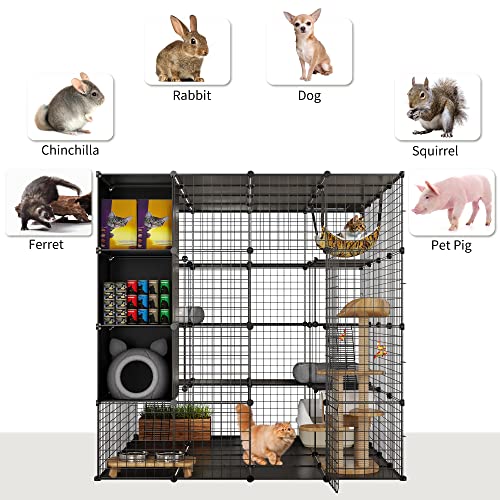 YITAHOME Großer Katzenkäfig mit Aufbewahrungswürfel DIY Indoor Katzengehege Metall-Katzenlaufstall mit großer Hängematte für 1–4 Katzen, 4-stöckige Katzenhütte für Katzen, Schwarz 140 x 140 x 140 cm