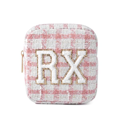 uekeboag Personalized Small Checkered Medicine Cosmetic Bag, Cute Plaid Pattern Chenille Letter Patch RX Drug Pouch with Zipper, Makeup Travel Gift Bag for Women and Girls (08 Pink Checkered)
