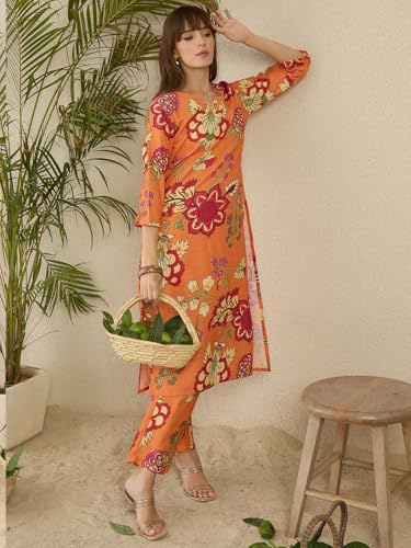 Image of INDO ERA Women's Straight Cotton Blend Floral Printed Kurta & Pant Set | Co Ord Set For Women Stylish