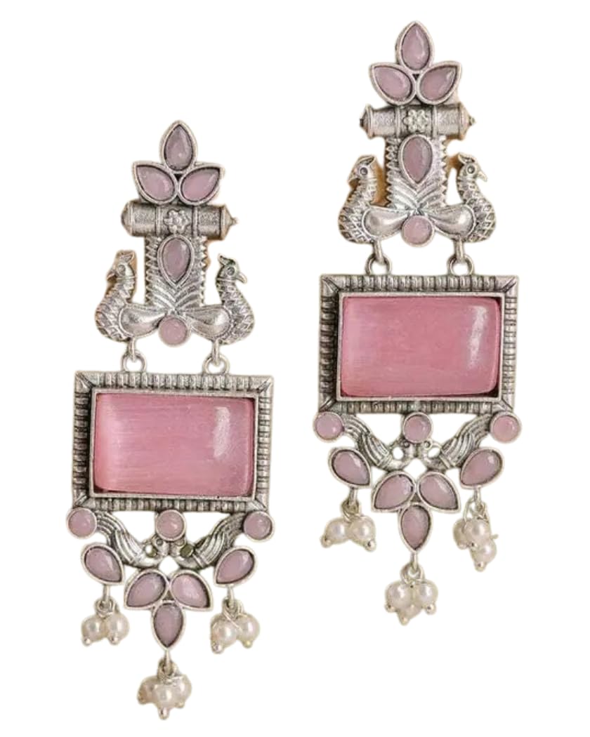 Oxidised Aluminium Stone Ethnic Earrings for Women & Girls | Traditional Peacock Design Dangle Jhumka with Pearl Beads Oxidised Aluminium Stone Ethnic Earrings for Women & Girls | Traditional Peacock Design Dangle Jhumka with Pearl Beads