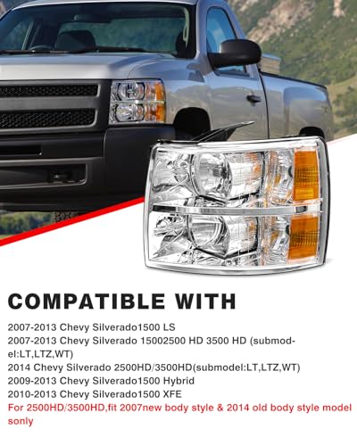Headlight Assembly for 2007-2013 Chevy Silverado 1500 2007-2014 Silverado 2500HD 3500HD Halogen Fit 2007 New Body Style 2014 Old Body Style W/O Bulbs - Image 3