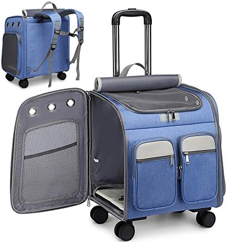 MOV COMPRA Wheeled Pet Carrier Backpack Pet Stroller, Travel Carrier, Car Seat for Small Dogs Cats Puppies, Comfort Cat Backpack Removable Rolling Wheels – Mesh Ventilation Windows, Storage Pockets