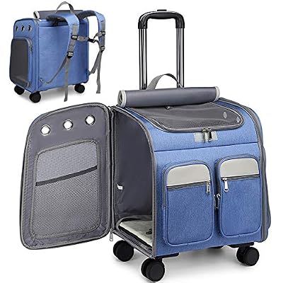 Wheeled Pet Carrier Backpack Pet Stroller, Travel Carrier, Car Seat for Small Dogs Cats Puppies, Comfort Cat Backpack Removable Rolling Wheels – Mesh Ventilation Windows (Large Blue)