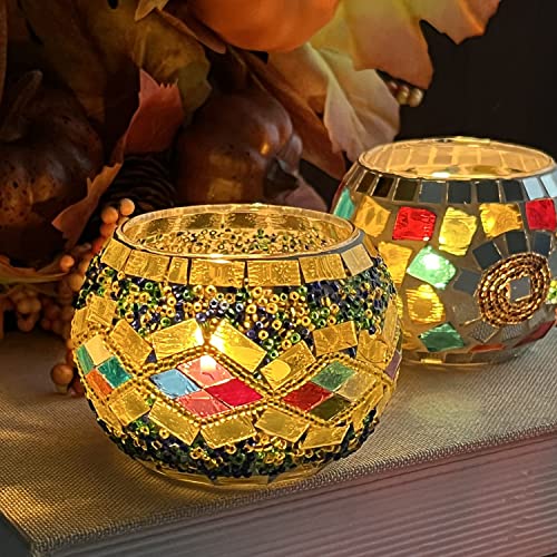 Shmilmh Glass Candle Holder Set Of 4, Votive Candle Holders Handmade Mosaic Glass Tealight Holders Diwali Decorations For Home #TOP4