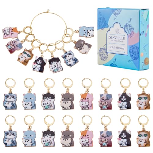 SUNNYCLUE 16Pcs 8 Styles Cat Crochet Markers Cute Stitch Markers Enamel Colorful Kitty Alloy Pet Removable Metal Leverback Clasps Locking Knitting Marker for Crocheting Weaving Sewing Handmade