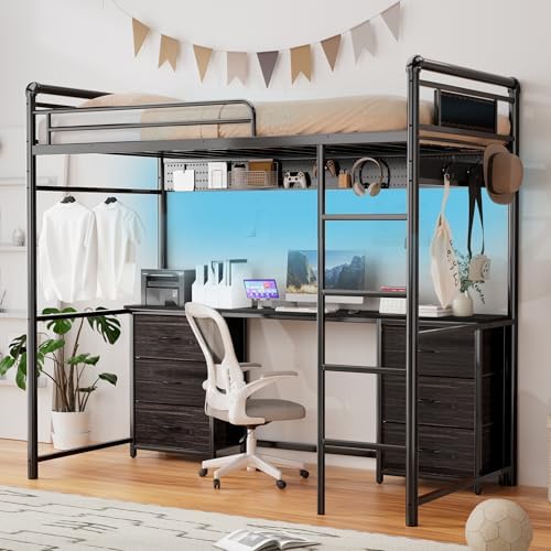 Loft Bed with Desk, Gaming Bunk Bed with Stairs, Twin Metal Loft ...
