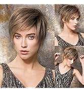 EMMOR Pixie Cut Wig Human Hair Wigs with Bangs Natural Short Black Wig Layered Short Wigs for Whi...