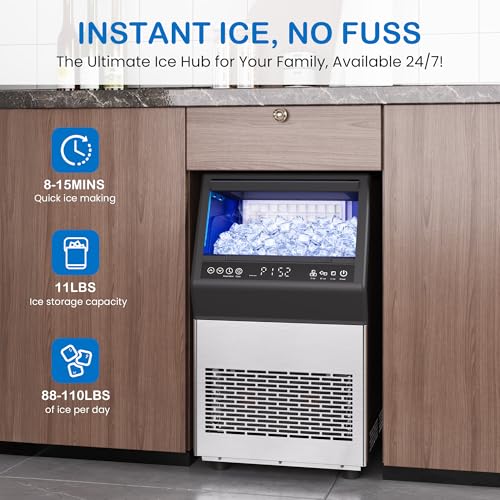 Commercial Ice Maker Machine, 110Lbs/24H Stainless Steel Undercounter Freestanding Ice Maker with 12Lbs Storage Capacity, Self-Cleaning, LED Digital Display, 45 Ice Cubes 8Mins, Home/Bar/Restaurant - Image 3