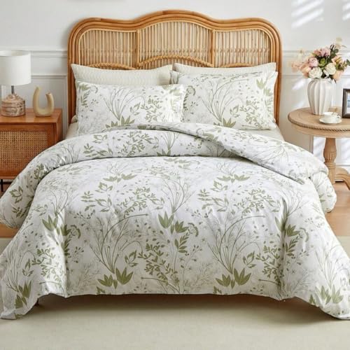 LUNAHOMEQueen Size 6 pieces, duvet cover set, green plant leaf design.