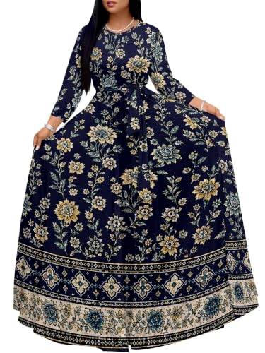 Image of Women Plus Size Long Sleeve V Neck Maxi Dress with Belt | Soft fabric relaxed fit three quarter sleeve v neck with pockets for party and daily wear