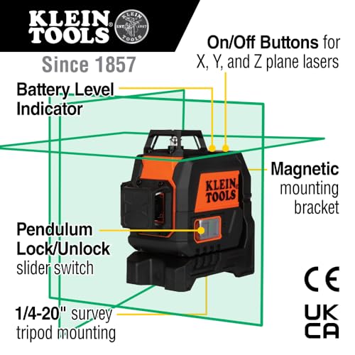 Klein Tools 93CPLG Compact Self-Leveling Laser Level, Bright Green Cross Line 360-Degree Laser Planes, Rechargeable, Magnetic Mount