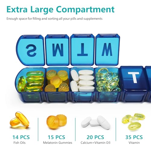 Image of Extra Large Weekly Pill Box Organizer 7 Day, MOLN HYMY 1 Week Jumbo Pill Dispenser Case One Time a Day, Daily Medicine Container to Hold Medication, Vitamins, Fish Oils and Supplement (Blue