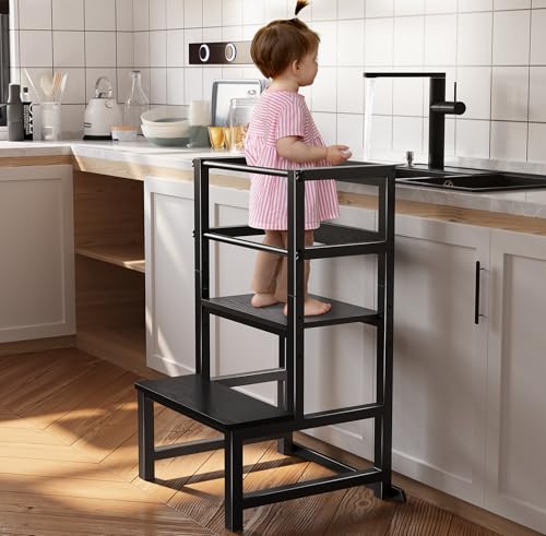 Image of INNOD Kitchen Step Stool for Toddlers, Height Adjustable Toddler Tower with Safety Rail, Steel and Wood Toddler Kitchen Stool Helper Kids, Stool for Kids, Learning Tower, Kids' Desk Black