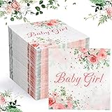 Funrous 100 Pcs Baby Girl Napkins Disposable Baby Shower Napkins for Girl Pink Flower Paper Beverage Napkin Decoration for Gender Reveal Party Favor,birthday Table Supplies