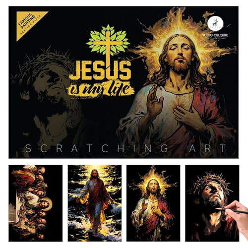 Juego de pintura para rascar Jesús – 1 paquete de imágenes religiosas para niños y adultos | Creativas imágenes para rascar con motivos bíblicos a partir de 3 años – perfecto para iglesia, escuela