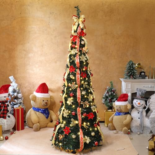 Karl Home 7 FT Pre-Lit Pop Up Xmas Tree, 200 Warm Lights, Red & Gold