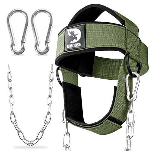 DMoose Fitness Neck Harness for Weight Lifting - Soft Padded Head & Chin Strap with 30 Heavy Duty Steel Chain - Neck Exerciser Trainer & Strengthener to Support Injury Recovery (Military Green)