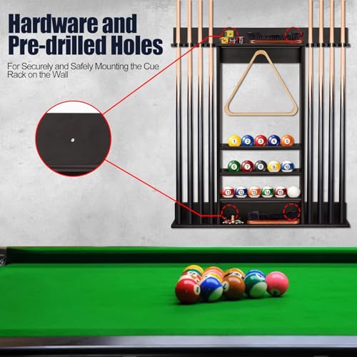 Pool Cue Rack, Bamboo Wall Mount Pool Sticks Holder, Holds 8 Cues and Full Set of Balls, Pool Table Accessories Organizer for Billiard Room or Club - Dark Brown - Image 5