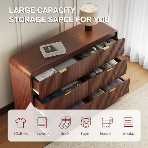 FURSUN Fluted 6 Drawers Dresser for Bedroom, 54" Wide Wooden Dresser with Metal Handle, Curved Profile Design, Modern Storage Organizer for Living Room, Hallway (Walnut)