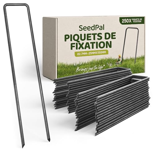 SeedPal Sardines de Fixation en Acier (250 Pièces) - Agrafes de Fixation pour Toile de Paillage, Grillage et Filet - Piquets de Jardin - 150 mm Long, 25 mm Large, Ø 2.7 mm