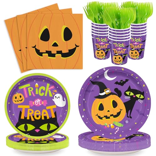 Agoooodyset 120Pcs Halloween Party Supplies Trick Or Treat Plates Napkins Paper Cups Green Disposable Forks Tableware Set Halloween Party Supplies Sever 24 Guests cover