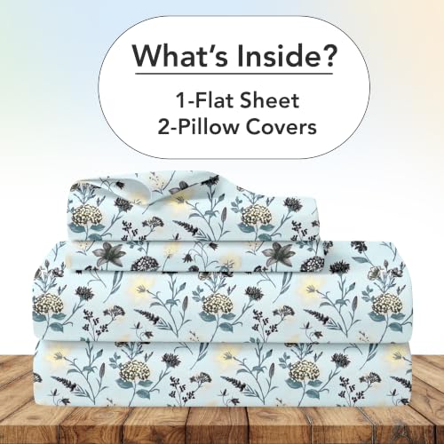 Image of Divine Casa Cotton King Size Bedsheet | 210 TC Soft Breathable Pigment Twill Satin Bed Sheet with 2 Pillow Covers | Luxury Bedding Set | 275 x 275 cm (Sky Blue, Floral)
