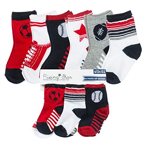 Boy's Sports Baby Socks - Sports Balls Designs- Red & White Football Soccer Baseball - 6-12 Months - 6 Pack2