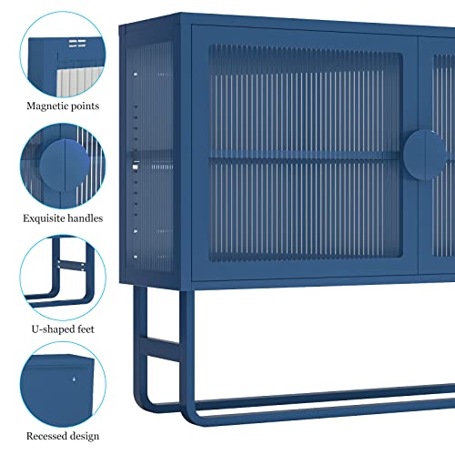 Double Glass Door Storage Cabinet With Adjustable Shelf,U-Shaped Leg Cold-Rolled Steel Sideboard Furniture For Living Room Kitchen (Blue) #TOP3