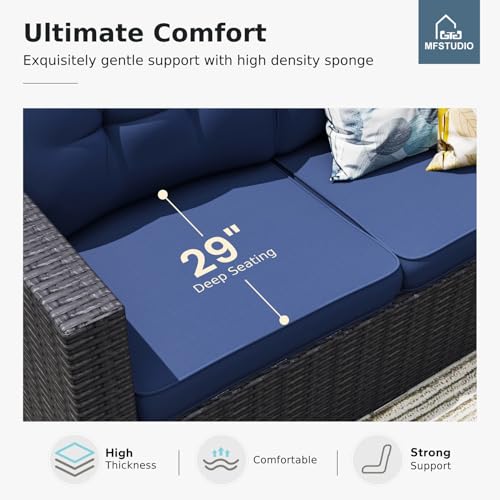 MFSTUDIO 4 Piece Wicker Patio Furniture Set, L Shaped Small Rattan Patio Sectional Sofa Couch Outdoor Conversation Sets with Navy Blue Cushions, Storage Box, Glass Coffee Table for Garden, Backyard - Thumbnail 3