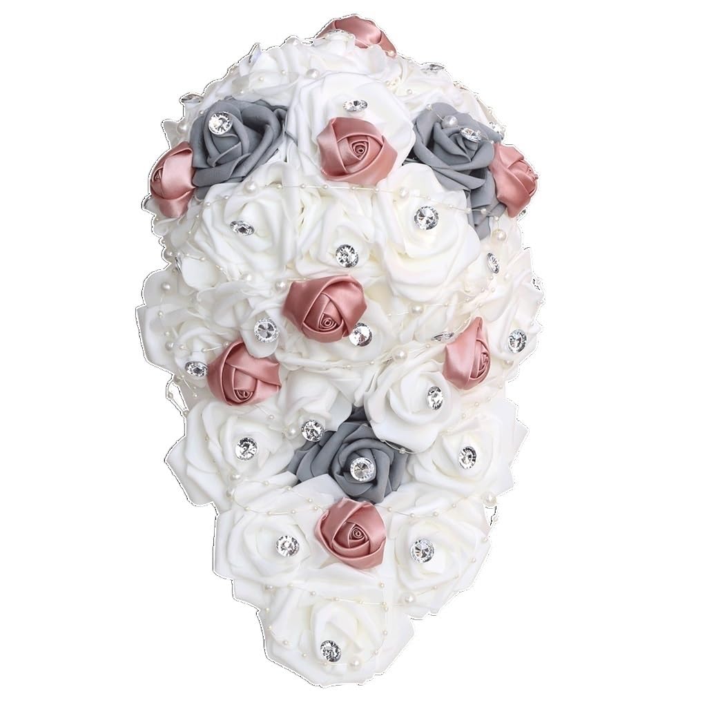 Bouquet de mariée en cascade de roses et perles d'imitation JFDBGU pour cérémonie de mariage chic